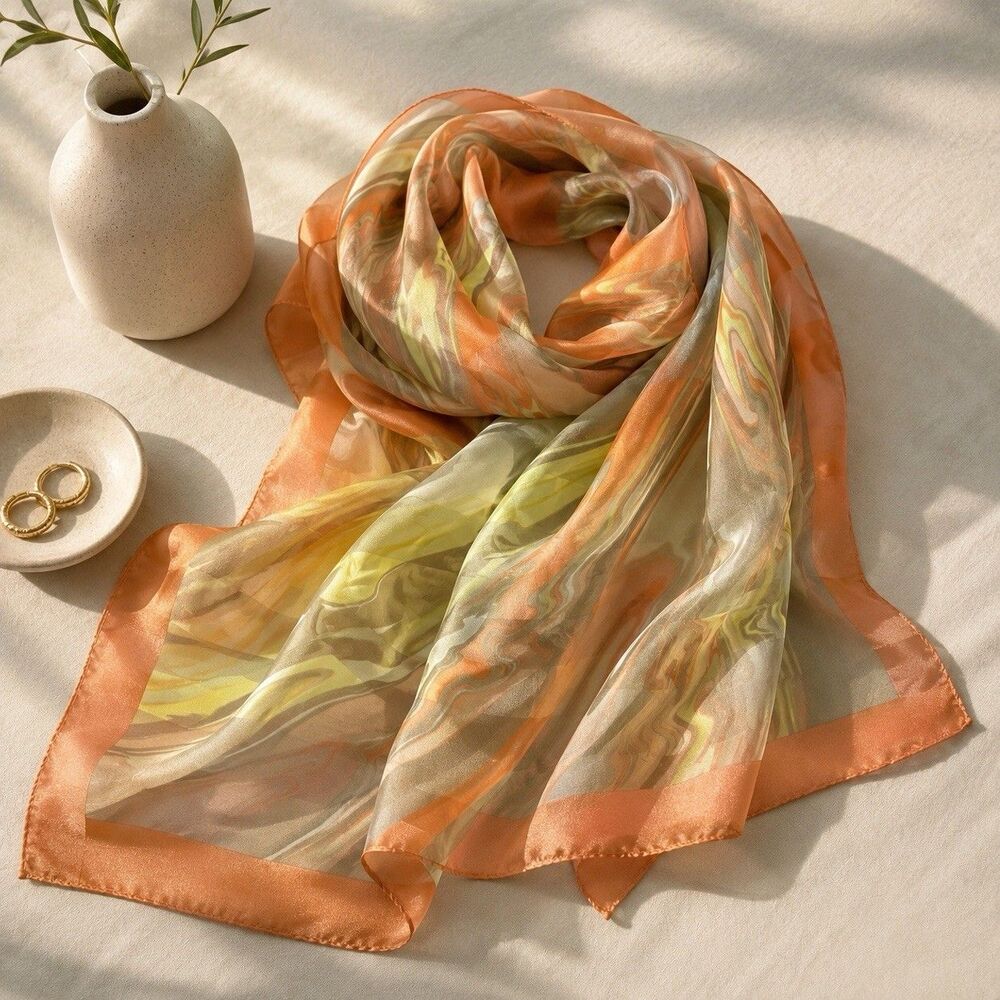 Vintage 70s 80s Abstract Marbled Sheer Square Scarf Rust Olive Silk Feel